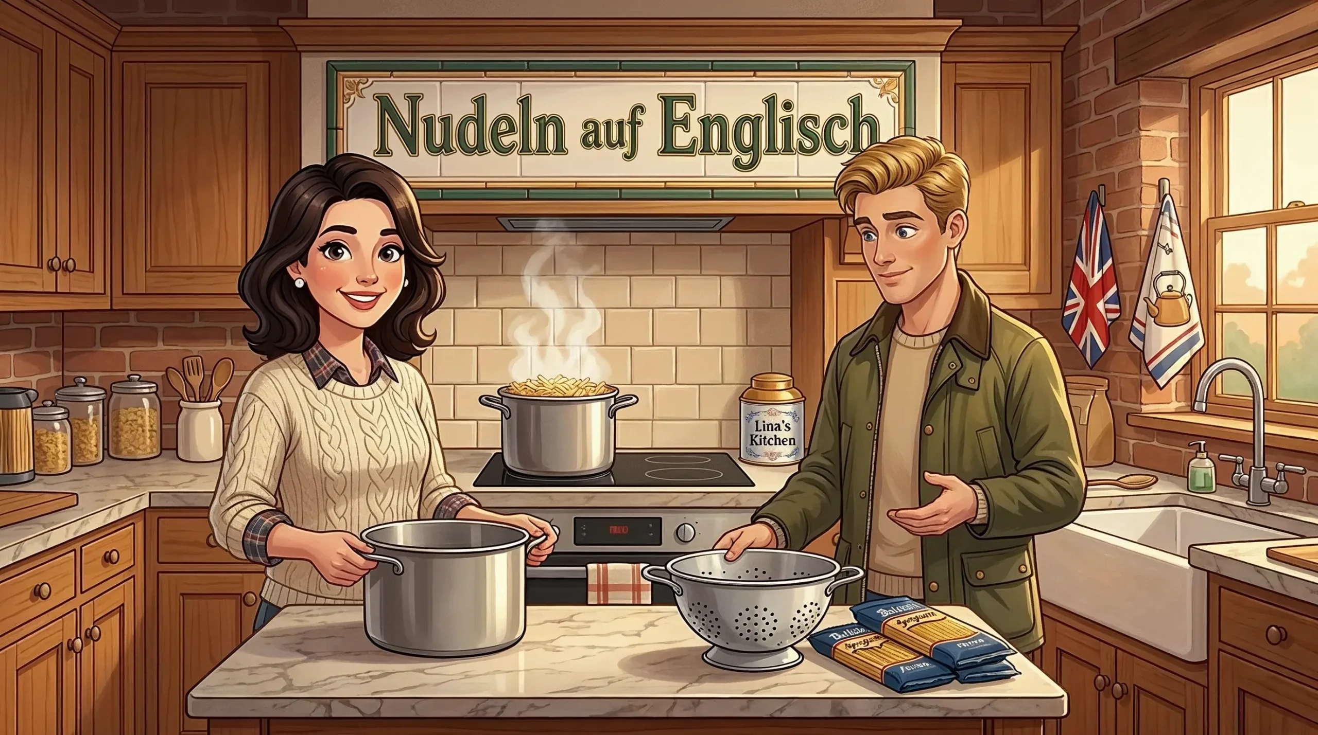 Nudeln auf Englisch – Lina und Tom kochen gemeinsam Nudeln in einer britischen Küche