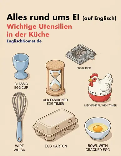 Eier auf Englisch: Von Sunny Side Up bis Scrambled (70+ Begriffe) 4 Eier auf Englisch - Utensilien in der Küche
