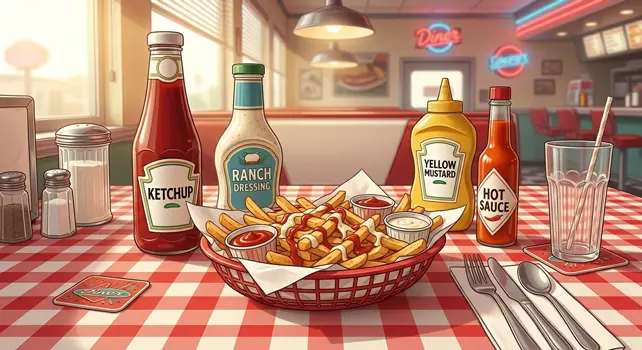 Amerikanische Soßen auf Englisch: Ketchup, Ranch, Senf und Hot Sauce auf einem typischen US-Diner-Tisch