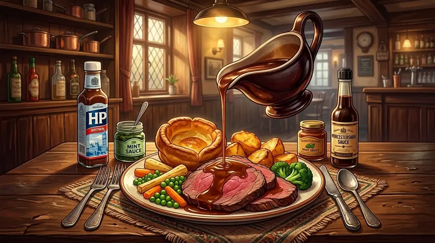 Britische Soßen auf Englisch: Gravy, Brown Sauce und Mint Sauce zu einem typischen britischen Sonntagsbraten