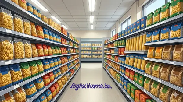 Nudeln auf Englisch: Wörter und Wissen für Pasta-Liebhaber 5 Pasta-Abteilung im britischen Supermarkt – dried pasta, fresh pasta und wholegrain pasta auf Englisch"