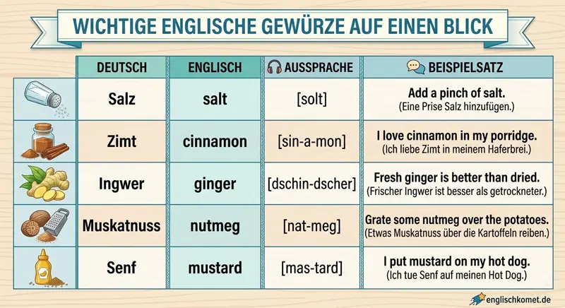 Übersicht typische Gewürze auf Englisch