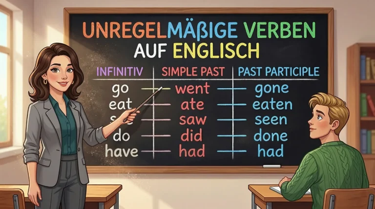 Lina und Tom lernen unregelmäßige Verben Englisch an einer Schultafel