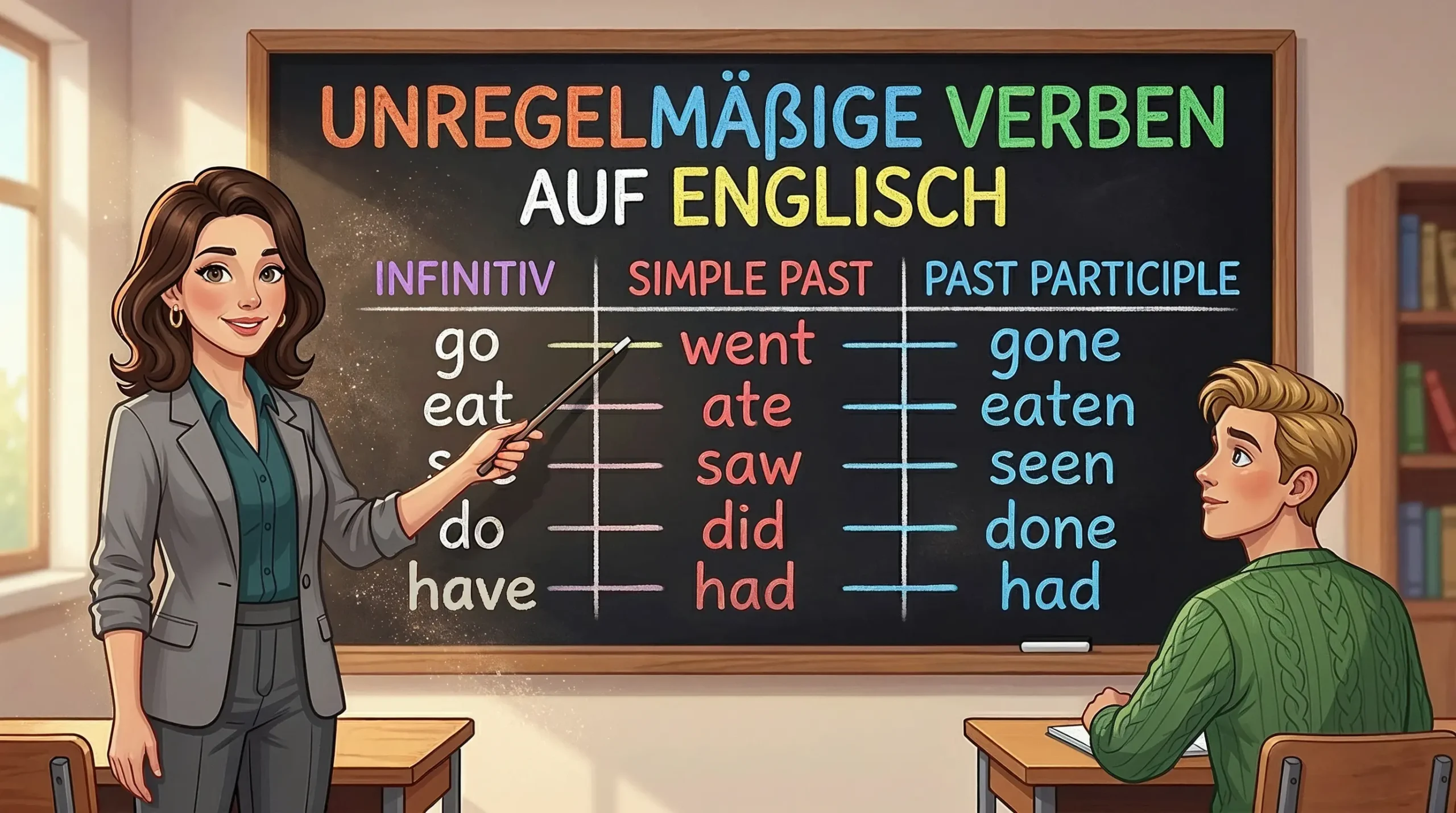 Lina und Tom lernen unregelmäßige Verben Englisch an einer Schultafel