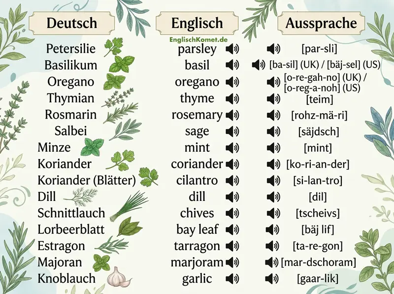 Liste typische Kräuter auf Englisch