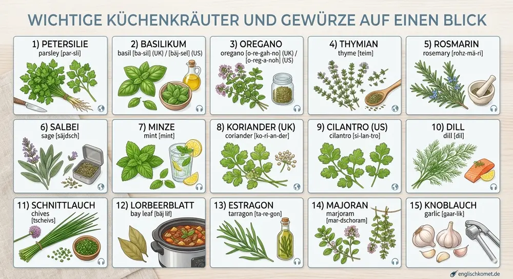 Übersicht typische Kräuter auf Englisch