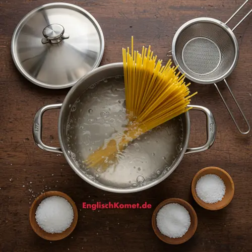 Nudeln auf Englisch: Wörter und Wissen für Pasta-Liebhaber 4 udeln kochen auf Englisch – Zutaten und Küchengeräte: Topf, Sieb, Spaghetti und Salz
