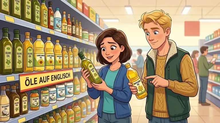 Öle auf Englisch Titelbild: Lina und Tom im Supermarkt vor einem Regal mit Olivenöl, Rapsöl und Sesamöl