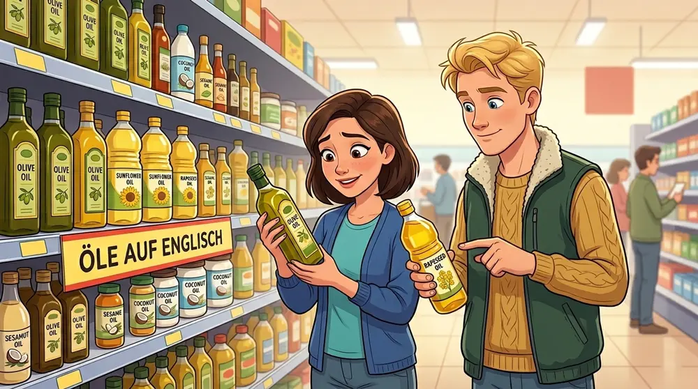 Öle auf Englisch Titelbild: Lina und Tom im Supermarkt vor einem Regal mit Olivenöl, Rapsöl und Sesamöl