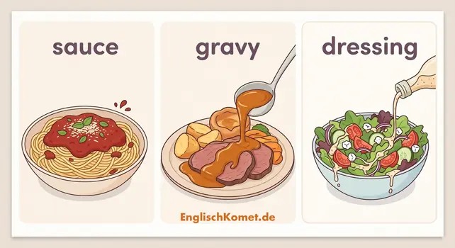 Infografik: Unterschied zwischen sauce, gravy und dressing auf Englisch erklärt