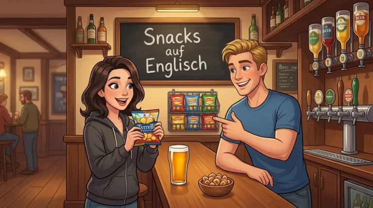 Lina und Tom stehen in einem britischen Pub vor einem Regal mit bunten Crisp-Tüten – Snacks auf Englisch
