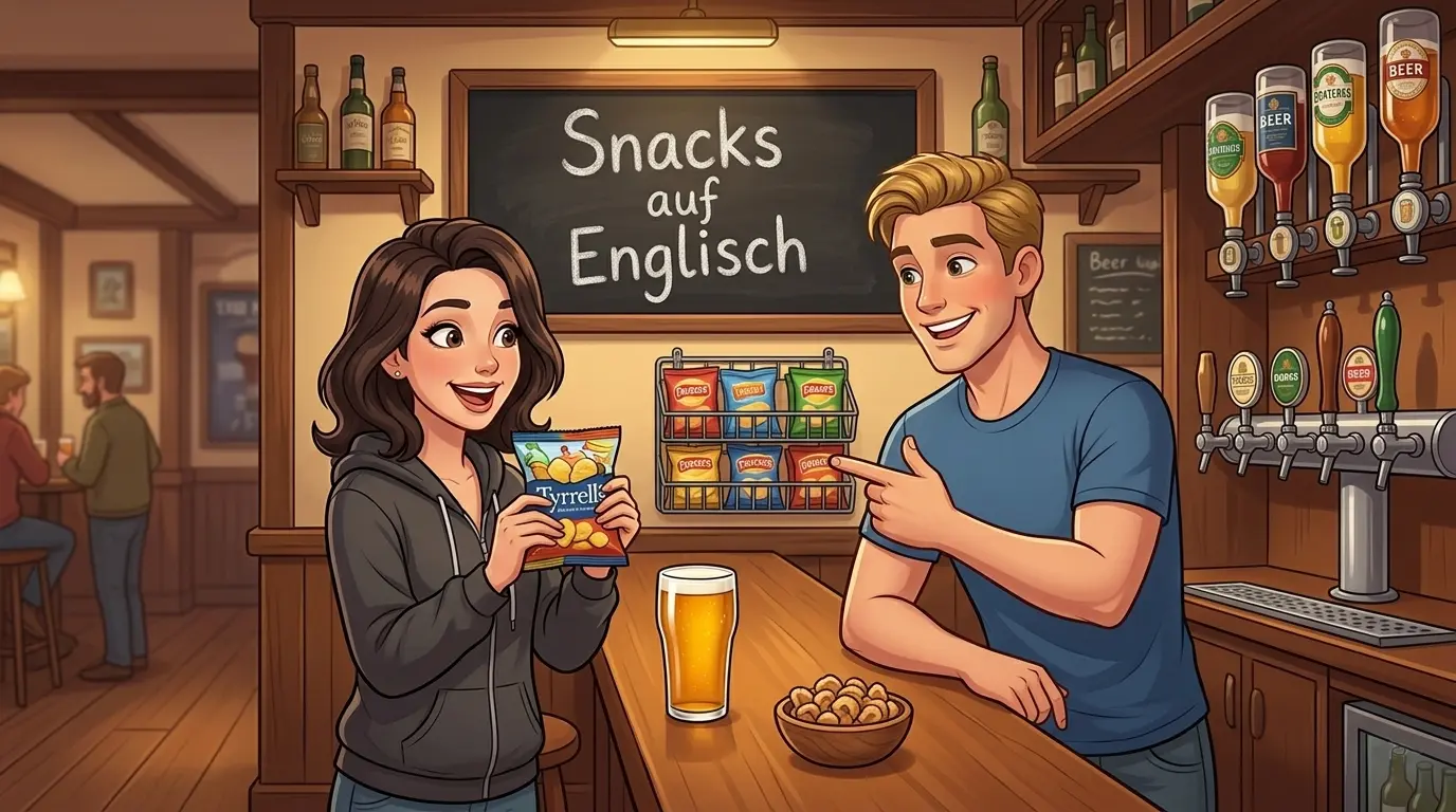 Lina und Tom stehen in einem britischen Pub vor einem Regal mit bunten Crisp-Tüten – Snacks auf Englisch