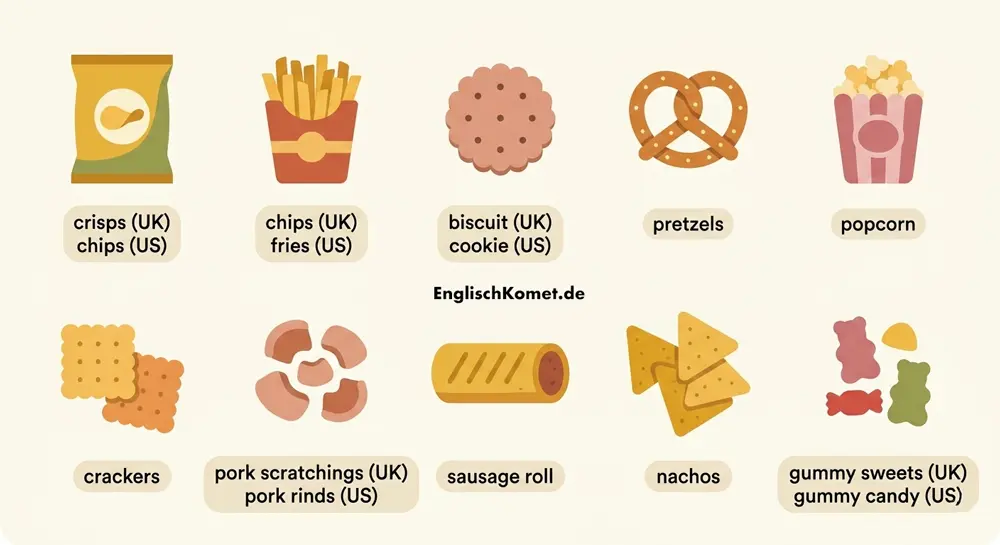 Infografik mit den 10 wichtigsten englischen Snack-Begriffen auf einen Blick