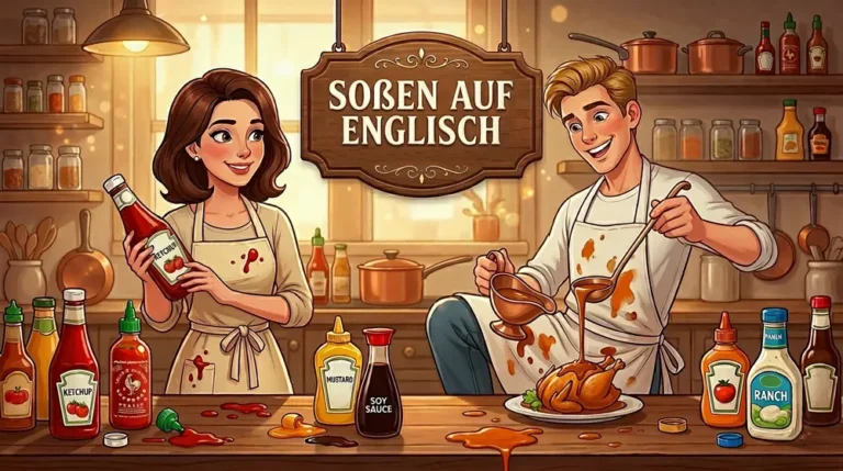 Soßen auf Englisch Titelbild: Lina und Tom in der Küche mit Ketchup, Gravy und bunten Soßenflaschen