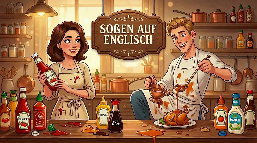 Soßen auf Englisch Titelbild: Lina und Tom in der Küche mit Ketchup, Gravy und bunten Soßenflaschen