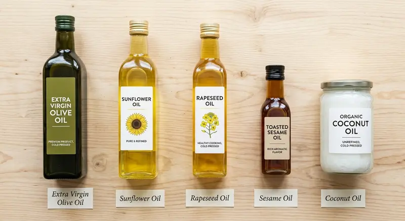 Speiseöle auf Englisch: Olivenöl, Sonnenblumenöl, Rapsöl, Sesamöl und Kokosöl im Vergleich