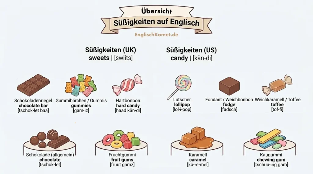 Übersicht der englischen Begriffe für Süßigkeiten auf Englisch: sweets, candy, chocolate bar, gummies, hard candy, lollipop