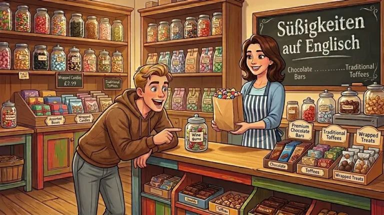 Süßigkeiten auf Englisch – Lina und Tom in einem bunten britischen Sweet Shop mit Schokorriegeln, Gummis und pick 'n' mix