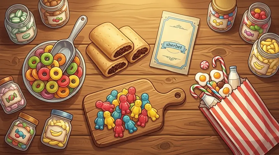 Typische britische Süßigkeiten: wine gums, fig rolls, jelly babies und pick 'n' mix in einem Sweet Shop