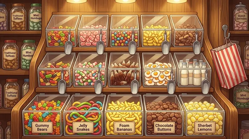 Pick 'n' mix in einem britischen Sweet Shop: bunte Gummis und Bonbons zum Selbstabfüllen nach Gewicht