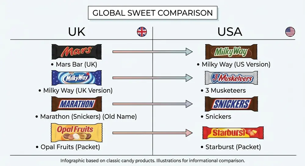 Vergleich britischer und amerikanischer Schokoriegel: Mars Bar, Milky Way, Snickers und ihre unterschiedlichen Namen in UK und USA