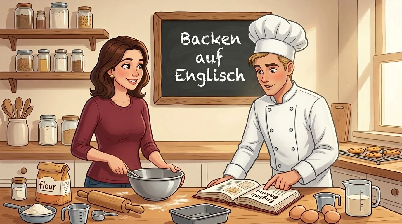 Backen auf Englisch – Lina und Tom in der Küche beim Backen mit englischen Rezeptbegriffen