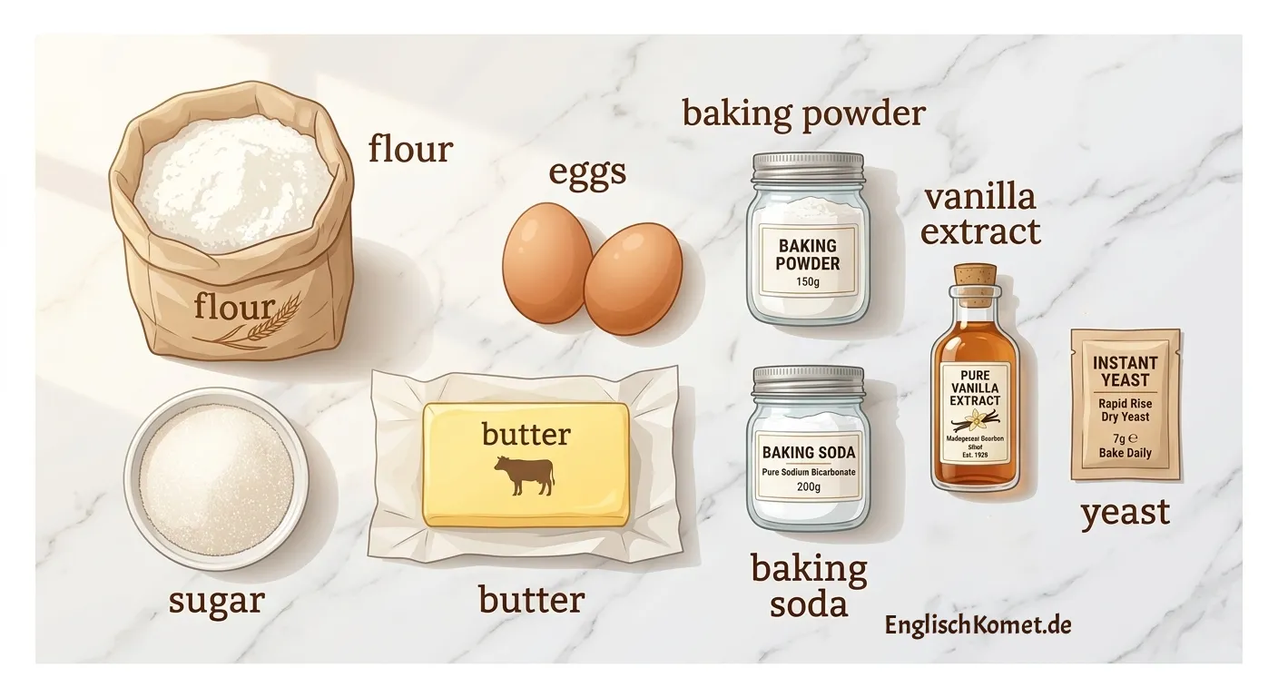 Backzutaten auf Englisch – Übersicht Mehl, Zucker, Butter, Eier und weitere Grundzutaten