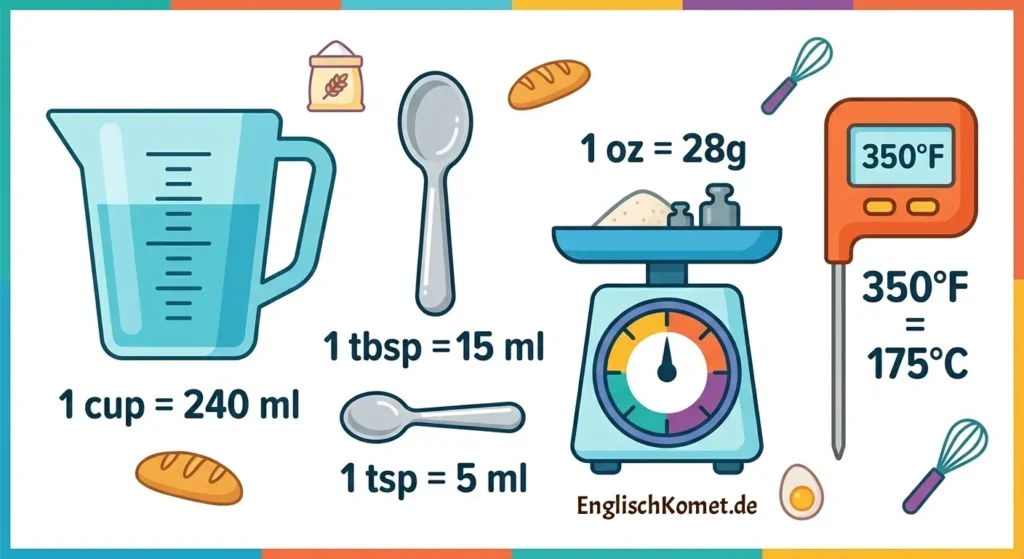 Kochen auf Englisch – Verben, Küchengeräte und Wortschatz mit Aussprache 5 Cups und Maßeinheiten beim Backen auf Englisch – Umrechnung in Gramm und Milliliter