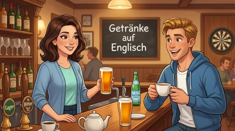 Getränke auf Englisch – Lina und Tom stehen an einem britischen Pub-Tresen mit verschiedenen Getränken