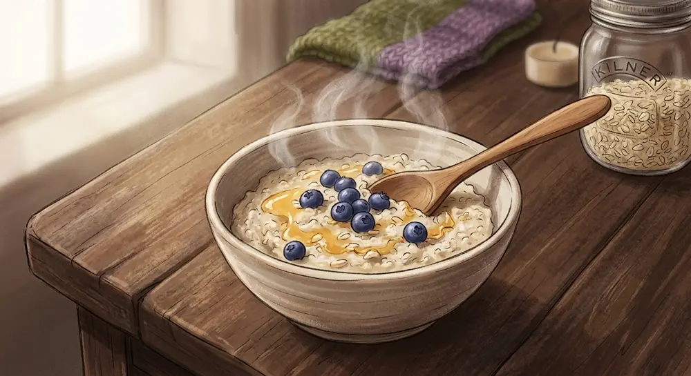 Eine Schüssel Porridge mit Honig und Beeren, typisch schottisches Frühstück, auf einem rustikalen Holztisch