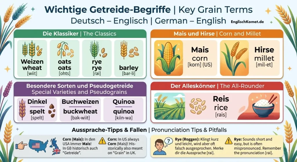 Verschiedene Getreidesorten auf Englisch: Weizen, Hafer, Roggen, Gerste, Mais und Dinkel mit Übersetzung Deutsch - Englisch - Getreide auf Englisch