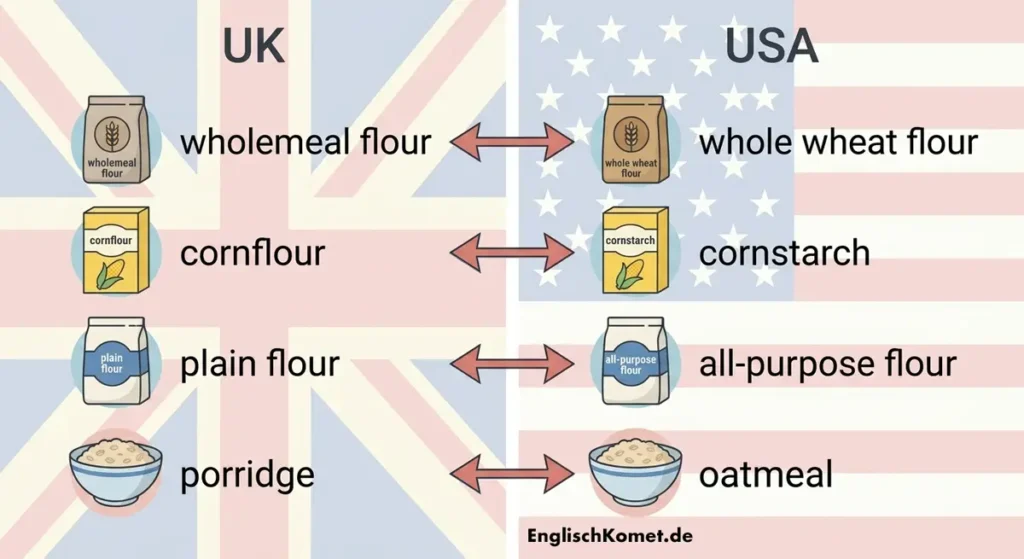 Vergleich britischer und amerikanischer Getreide-Begriffe: wholemeal flour vs. whole wheat flour, cornflour vs. cornstarch, porridge vs. oatmeal