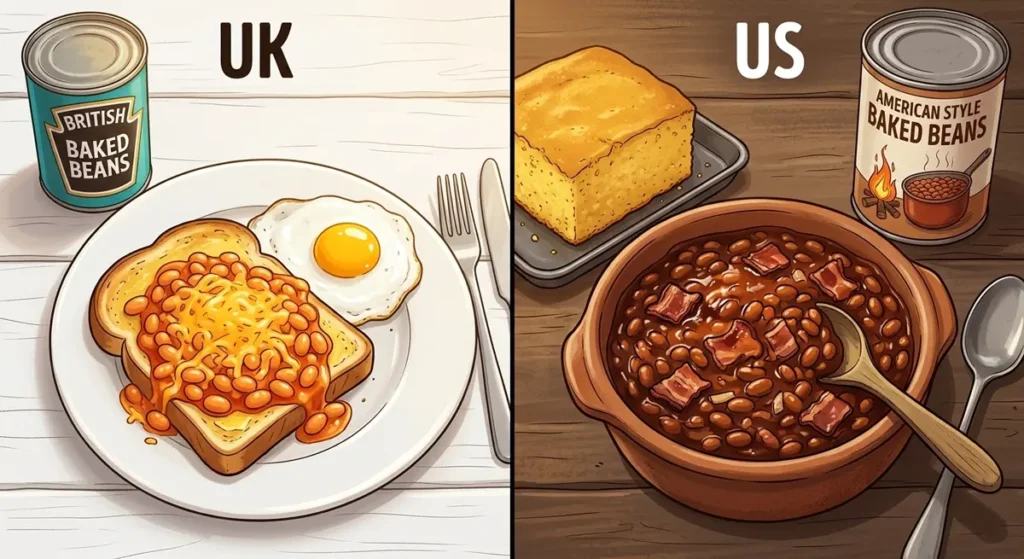 Vergleich UK vs. US Baked Beans auf Englisch: links britisch mit Tomatensauce und Toast, rechts amerikanisch mit Speck und BBQ-Sauce