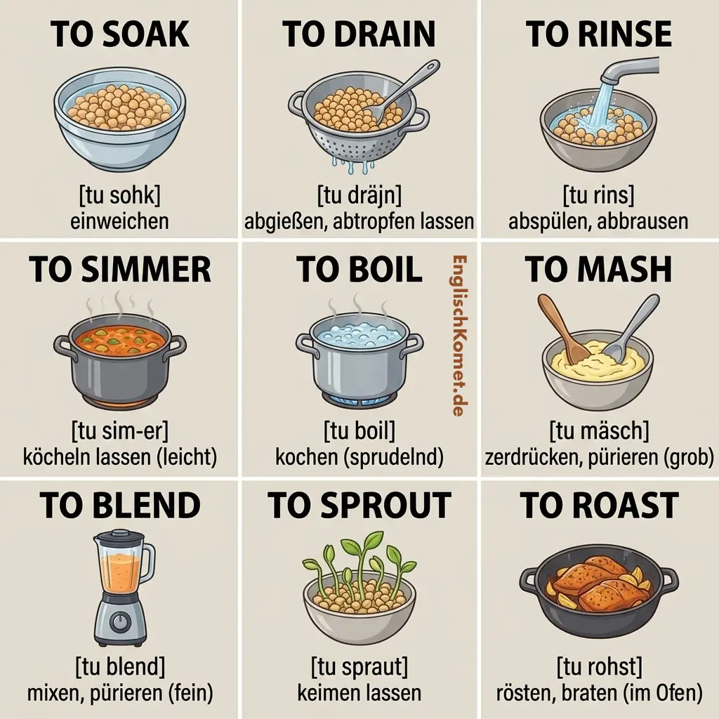 Kochverben für Hülsenfrüchte auf Englisch: soak, drain, rinse, simmer, mash, blend mit Illustrationen