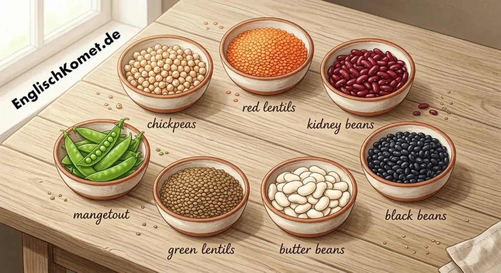 Hülsenfrüchte auf Englisch in Schalen: chickpeas, lentils, kidney beans, black beans, butter beans und mangetout