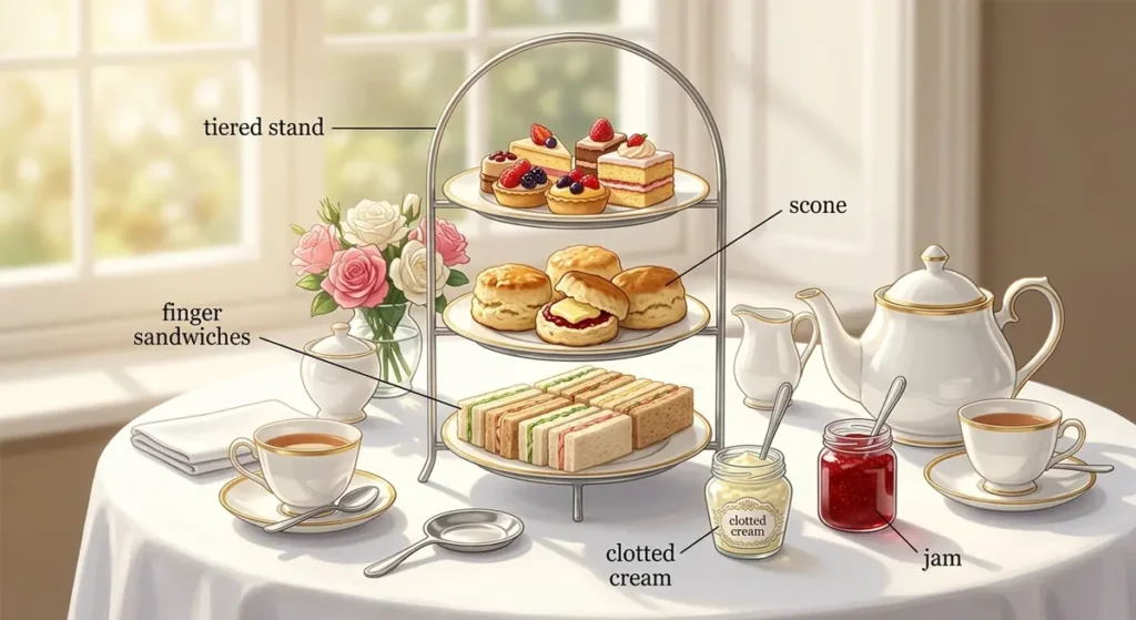 Afternoon Tea auf Englisch: tiered stand mit finger sandwiches, scones mit clotted cream und jam