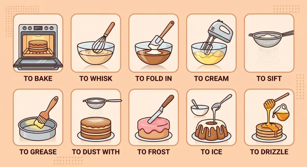 Backverben auf Englisch: to bake, to whisk, to fold in, to cream, to sift, to drizzle – Infografik mit Icons
