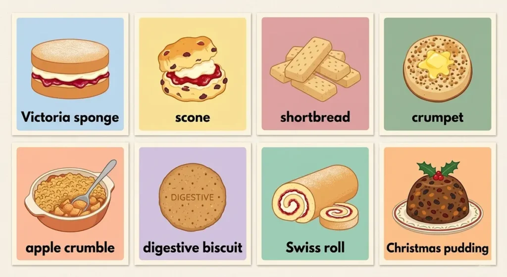 Britische Backwaren auf Englisch beschriftet: Victoria sponge, scone, shortbread, crumpet, apple crumble und digestive biscuit