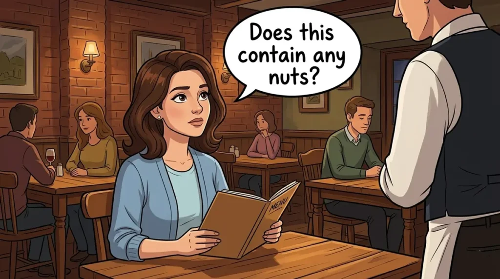 Lina fragt im Restaurant nach Nussallergie: sie zeigt auf die Speisekarte und spricht mit einem Kellner, englische Sprechblasen mit 'Does this contain any nuts?' sichtbar