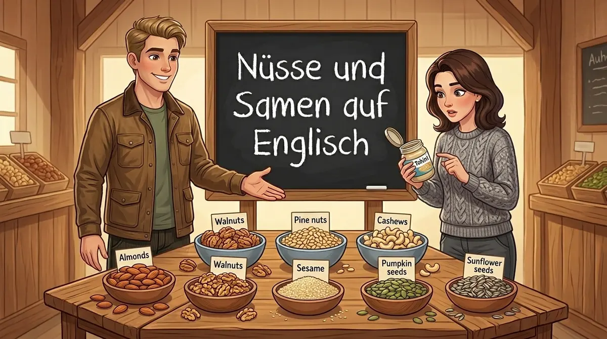 Nüsse und Samen auf Englisch – Tom zeigt auf beschriftete Schalen mit Nüssen und Samen: almonds, walnuts, pine nuts, sesame seeds und pumpkin seeds auf einem Marktstand