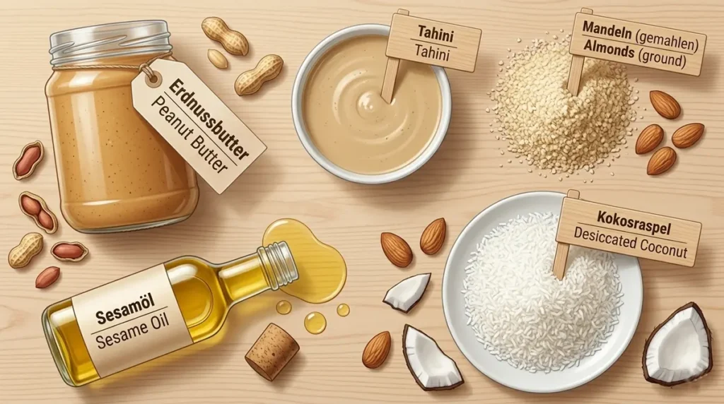 Nussprodukte auf Englisch: peanut butter, tahini, almond flour und desiccated coconut in Gläsern und Schalen auf einem Holztisch