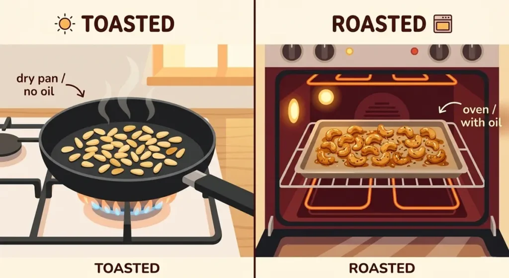 Vergleich toasted vs. roasted nuts: links eine trockene Pfanne mit goldbraunen Pinienkernen (toasted), rechts ein Backblech mit gewürzten Cashews aus dem Ofen (roasted)