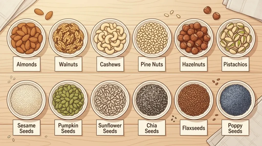 Übersicht Nüsse und Samen auf Englisch: beschriftete Schalen mit almonds, walnuts, cashews, pumpkin seeds, sesame seeds und chia seeds auf Holz