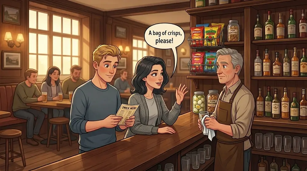 Illustration: Lina und Tom stehen an einem britischen Pub-Tresen und bestellen Snacks auf Englisch