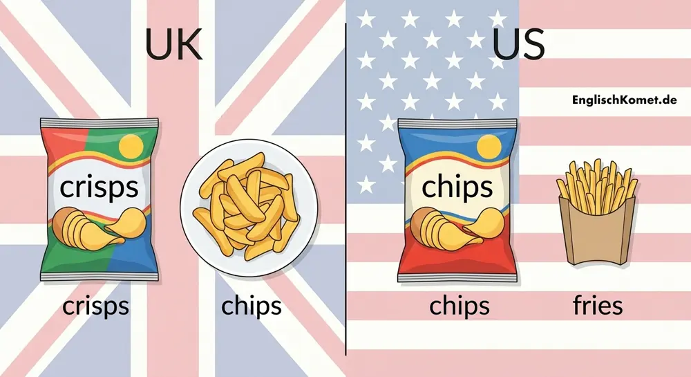 Vergleichsbild: Tüte Chips mit UK-Flagge (crisps) neben Pommes mit US-Flagge (fries) – der Unterschied erklärt