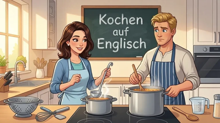 Lina und Tom kochen zusammen in einer modernen Küche. Lina hält eine Kelle, Tom rührt im Topf. Auf einer Kreidetafel steht der Text Kochen auf Englisch.