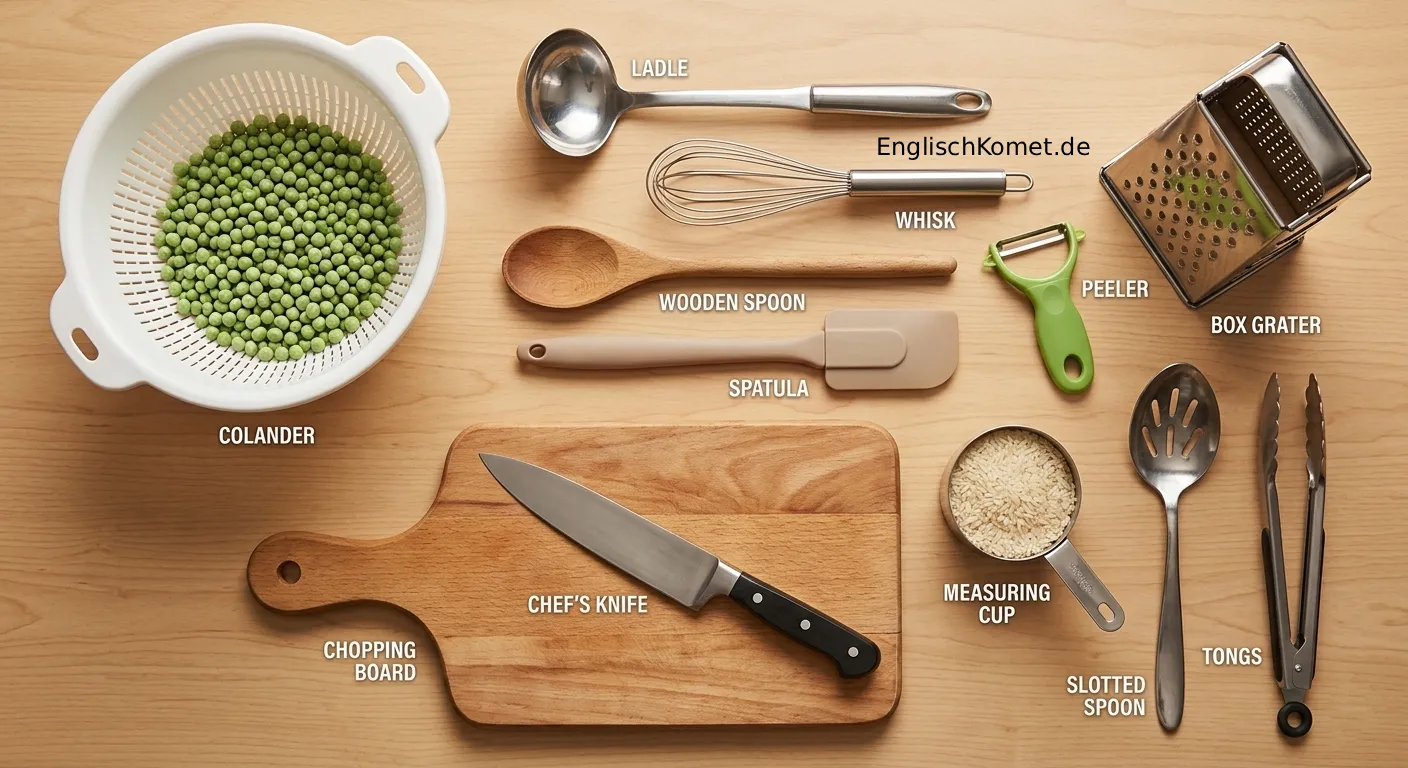 Kochen auf Englisch – Verben, Küchengeräte und Wortschatz mit Aussprache 4 Flat-lay Übersicht wichtiger Küchengeräte auf Englisch: colander, ladle, whisk, wooden spoon, spatula, peeler, grater, measuring cup und mehr – mit englischen Beschriftungen.