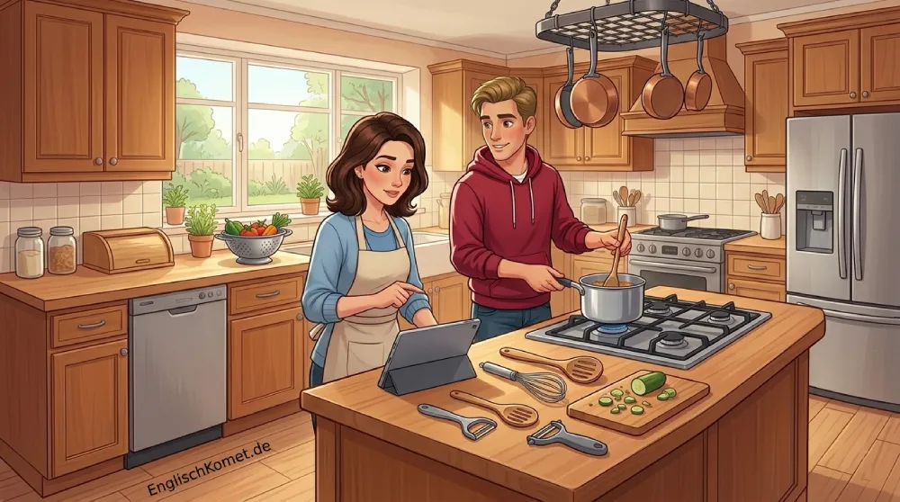 Kochen auf Englisch – Verben, Küchengeräte und Wortschatz mit Aussprache 6 Illustration: Tom und Lina kochen zusammen. Lina liest ein englisches Rezept auf einem Tablet, Tom rührt in einem Topf. Küchengeräte liegen auf dem Tresen.
