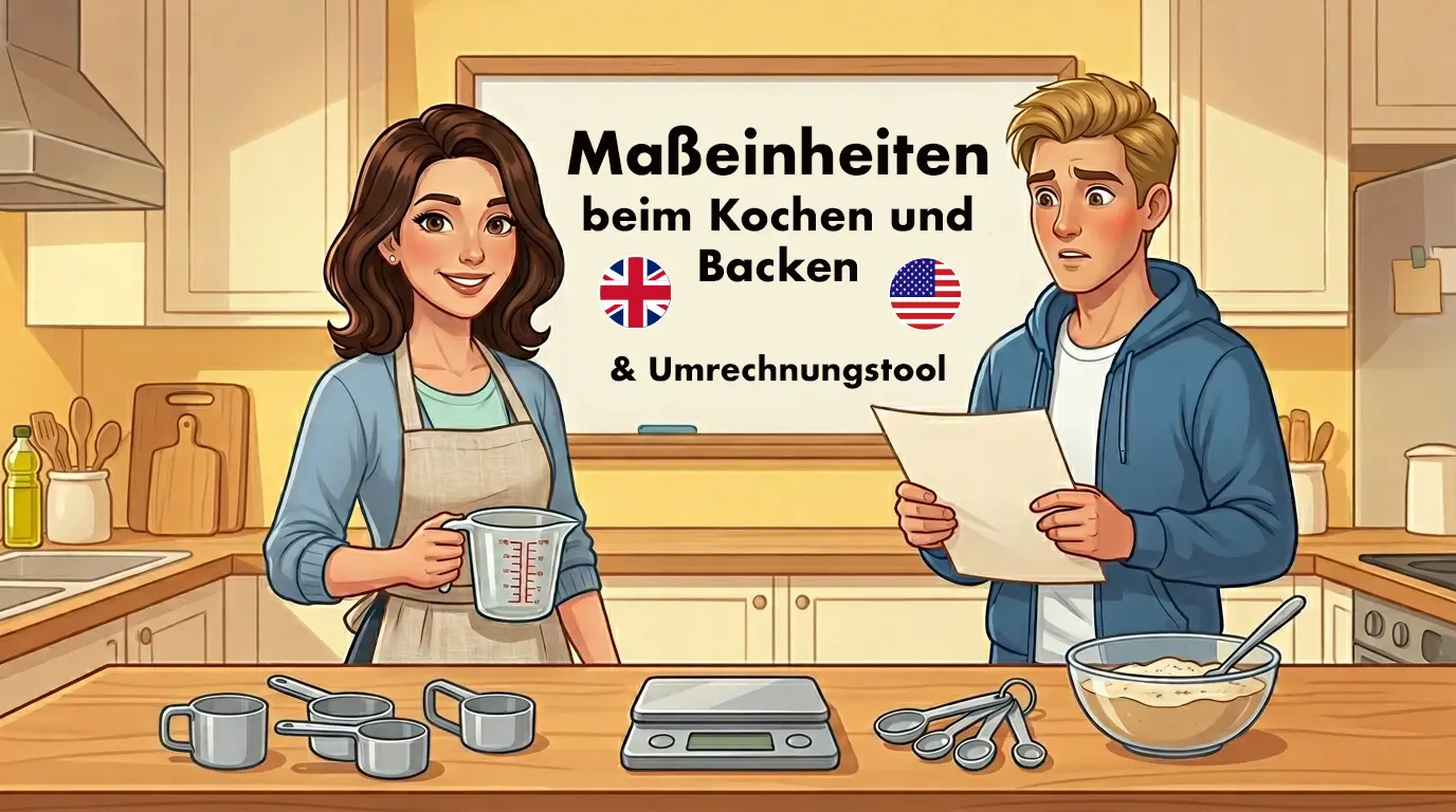 Maßeinheiten beim Kochen und Backen auf Englisch – Lina und Tom in der Küche mit Messbechern und Küchenwaage
