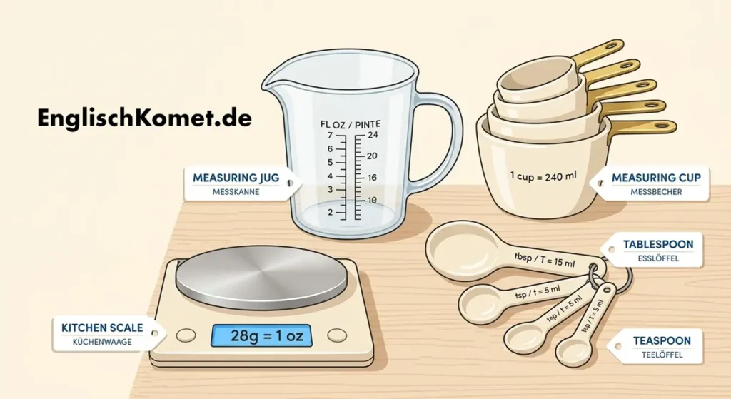 Englische Maßeinheiten beim Kochen und Backen + Umrechnungstool 5 Küchenequipment für englische Rezepte: measuring cup, measuring jug und kitchen scale auf Englisch